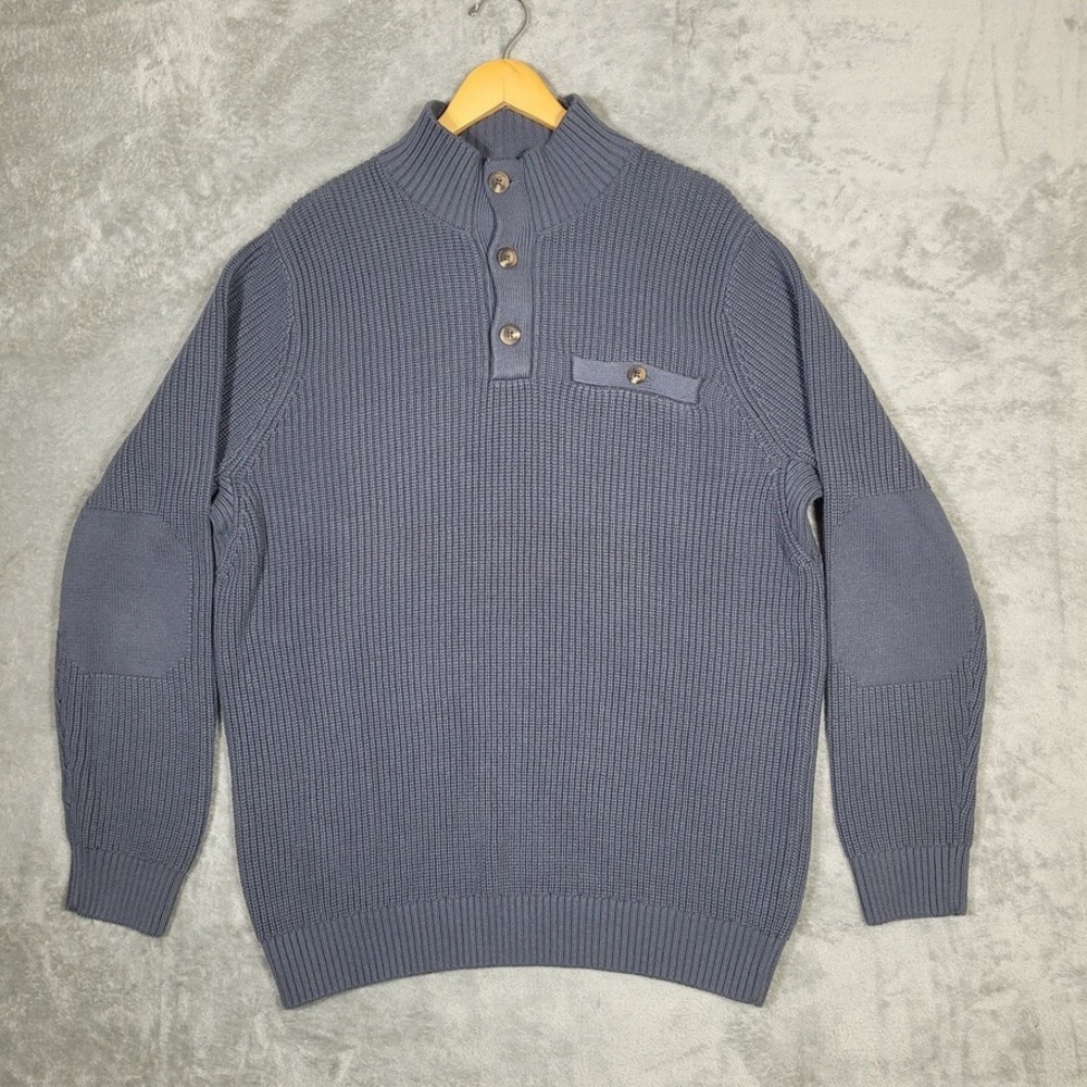 Duluth Trading Brigadier Button Mock Sweater Mens Large Blue Heavy Knit